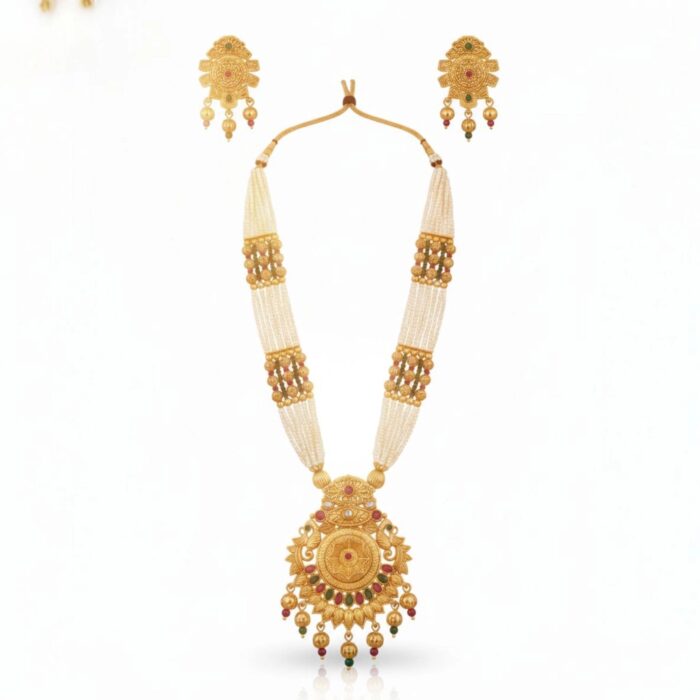 Golden matte necklace set with earrings and red green stone