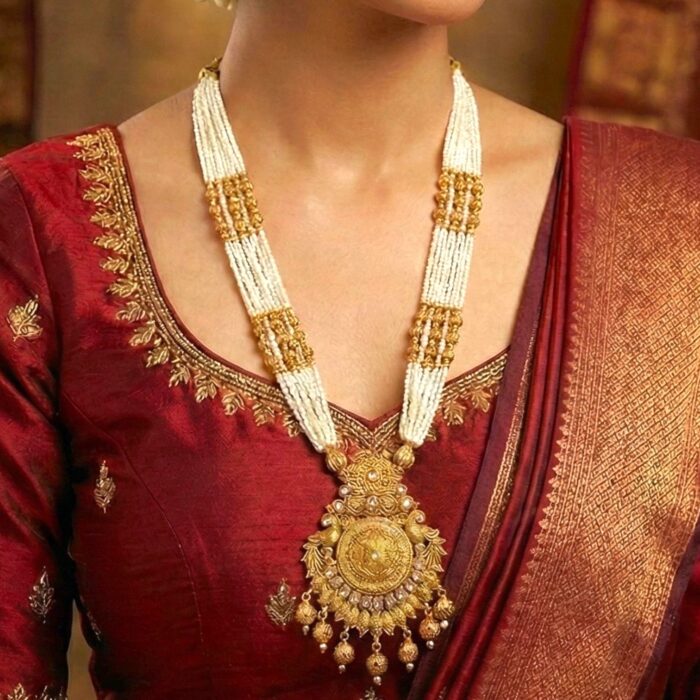 Festive Indian necklace set with white glass beads