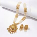 Golden matte necklace set with earrings and white glass beads | Utsav Aura