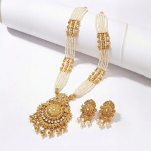 Golden matte necklace set with earrings and white glass beads | Utsav Aura