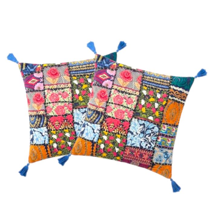 Set of 2 - Patchwork work Cushion Cover - Blue - Image 2