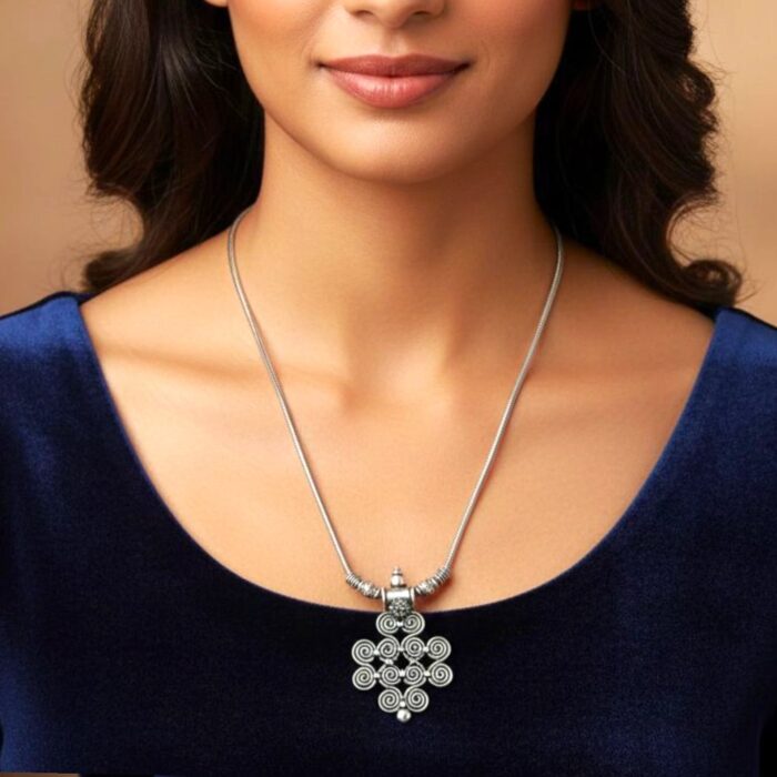 Model wearing this Brass Silver Oxidized Chain pendant with German Silver Plating | Nickel free