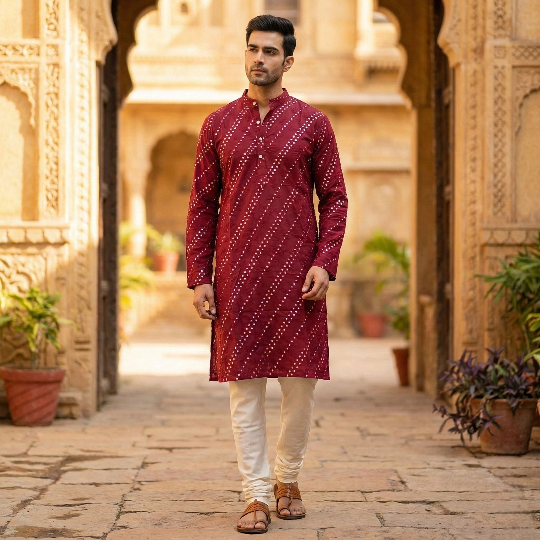 Men’s Red mirror work kurta - Sehr Luxe Series Men’s Red mirror work kurta - Sehr Luxe Series