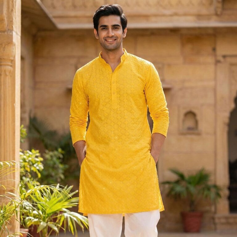 Men’s yellow embroidered kurta with sequin detail Canada