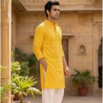 Yellow cotton Chikan sequin kurta for men – SEHR Luxe series by Krishna Collections