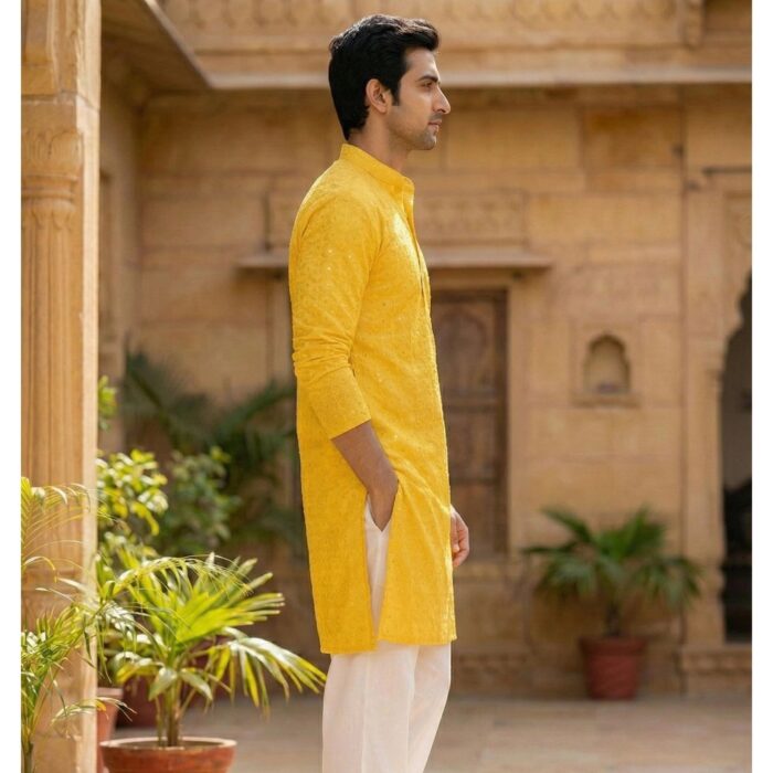 Side pose for Luxury men’s Chikan kurta with sequins Canada -USA