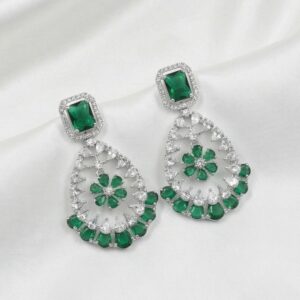 Emerald green teardrop statement earrings - Swarnika Series emerald floral statement earrings