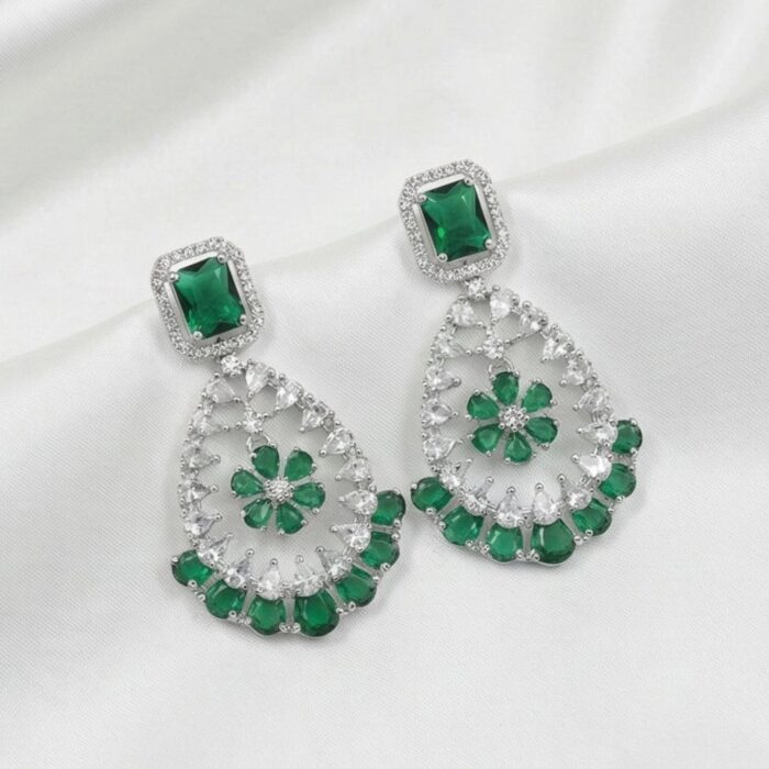 Emerald green teardrop statement earrings - Swarnika Series emerald floral statement earrings