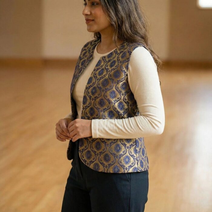 Women golden blue brocade open front ethnic jacket | Brocade Jacket for women