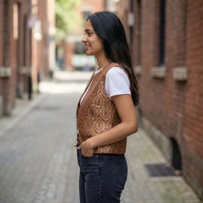 Side profile view of this elegant jacket for women for everyday wearing