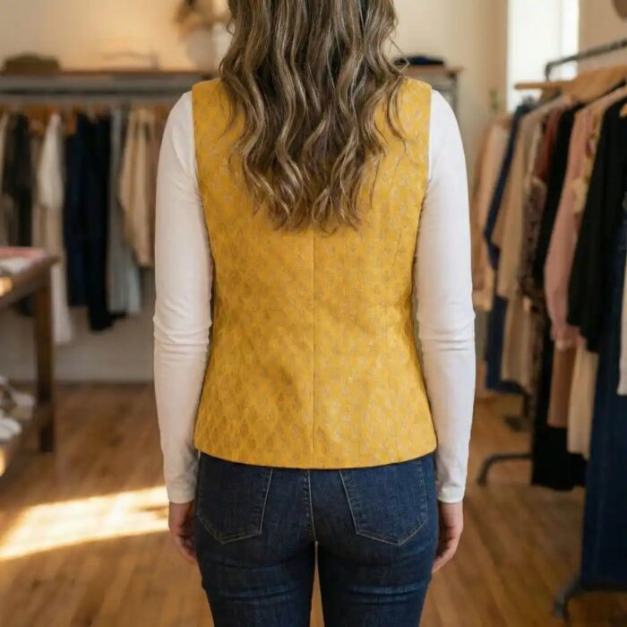 Back profile view of women collarless banarasi brocade jacket cotton lining