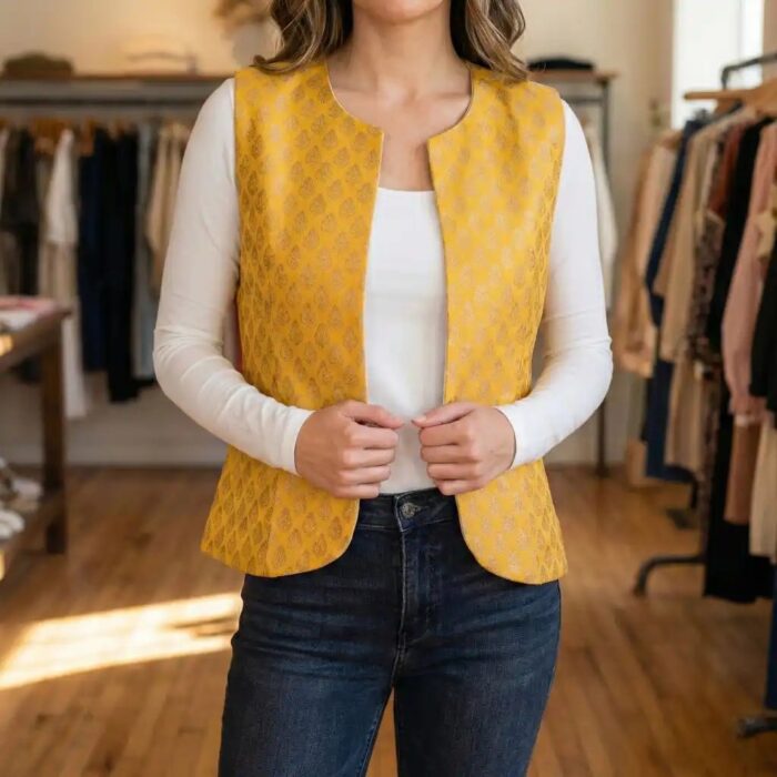 Women yellow banarasi brocade jacket gold butti motif