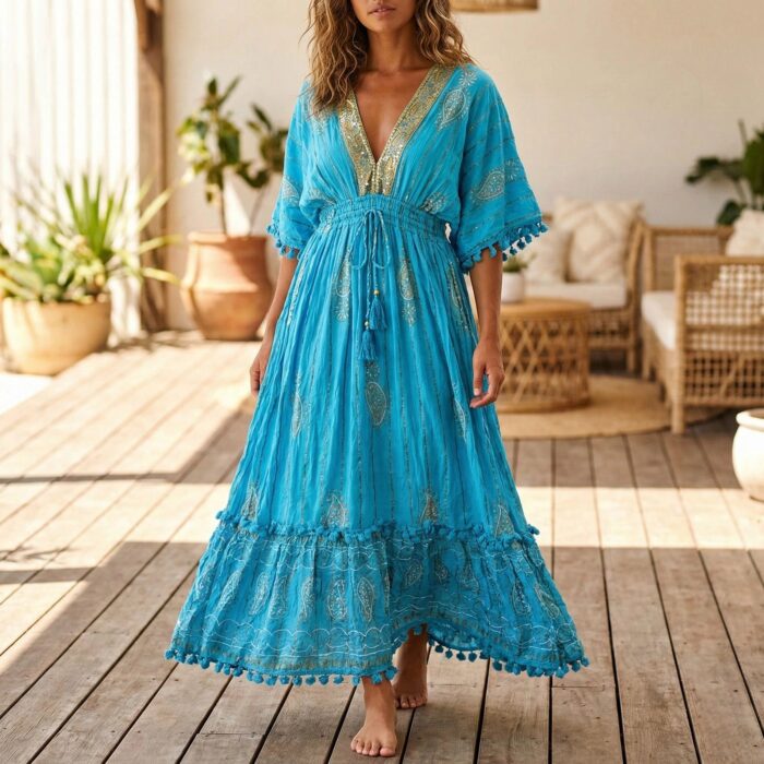 Luxury boho maxi dress for women | Long Indian viscose crepe dress