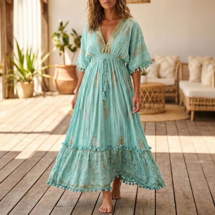 Luxury boho maxi dress for women | Long Indian viscose crepe dress