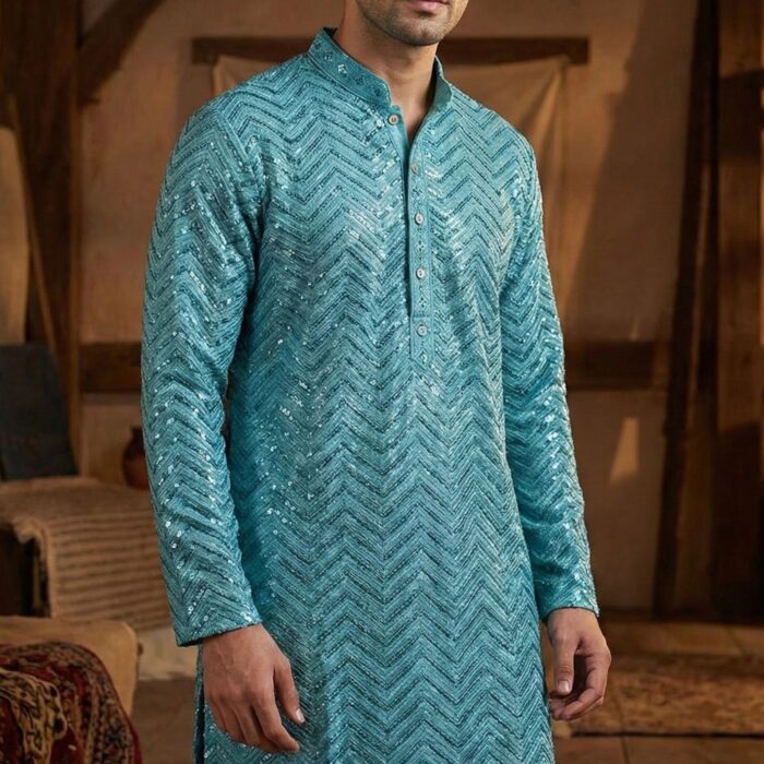 Teal Chikan Kurta with sequin work for men | Party wear ethnic wear