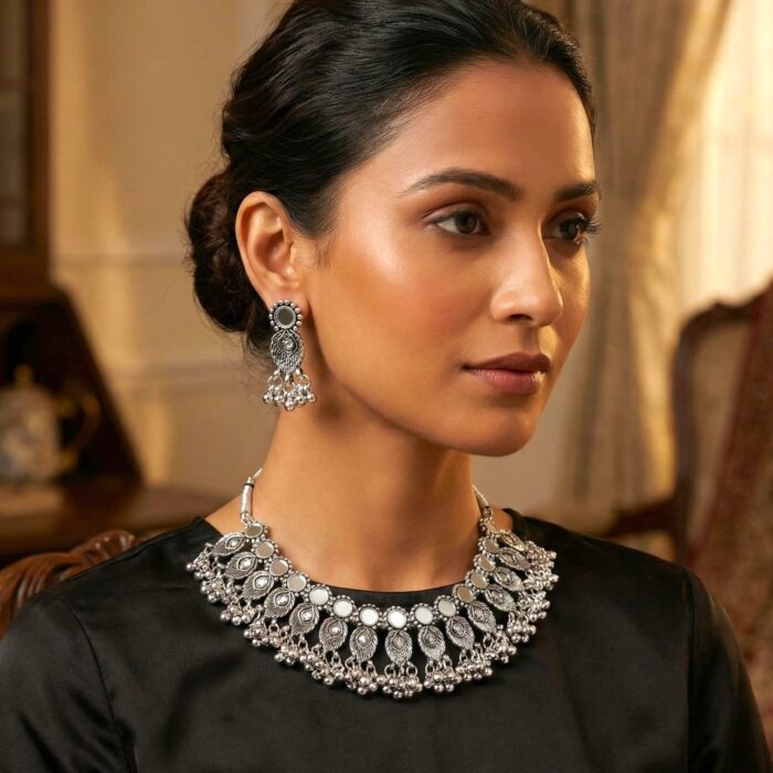 Silver antique Necklace Set with Mirror work - Image 2