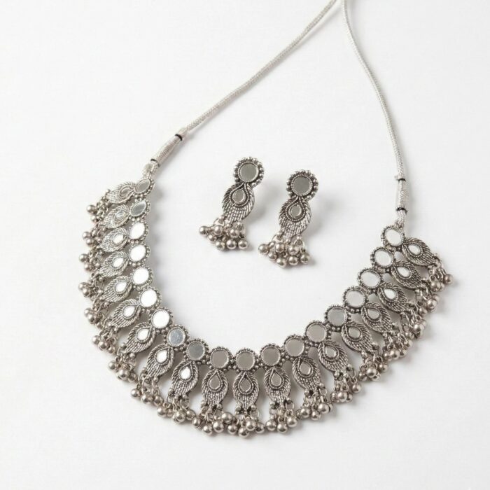 Silver antique Necklace Set with Mirror work - Image 4