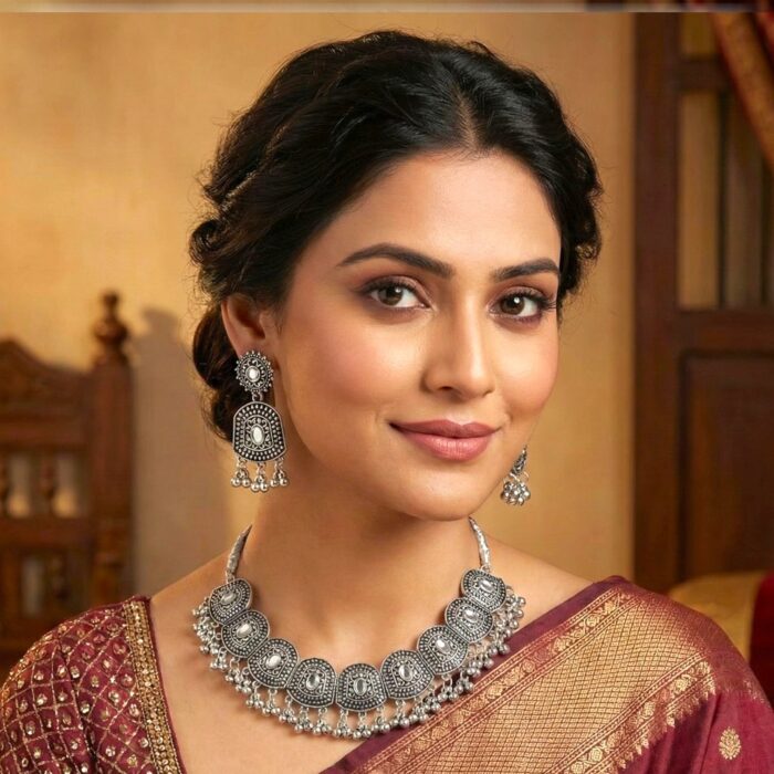 Silver antique Necklace Set with Kundan stones - Image 2