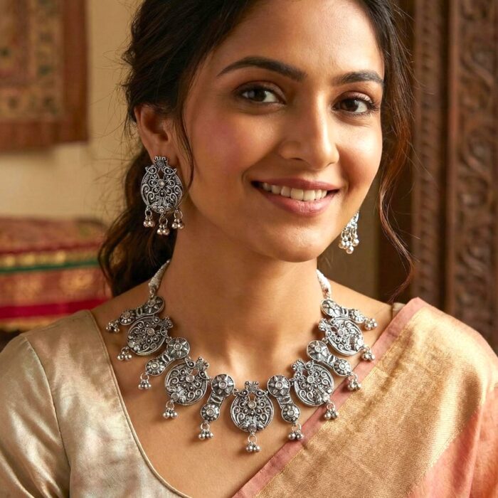 Silver antique Necklace Set with Mirror work - Image 2