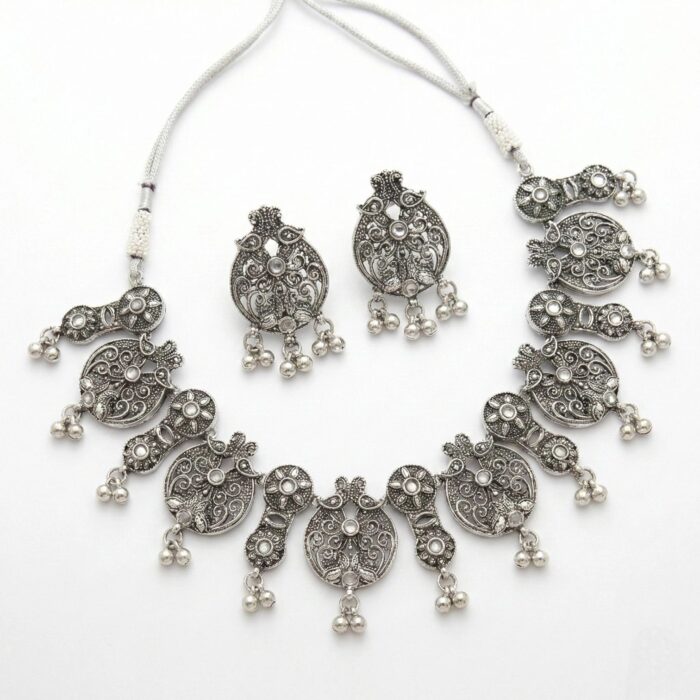 Silver antique Necklace Set with Mirror work - Image 4