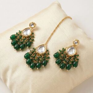 Ethnic Indian maang tikka kundan jewelry set - Green