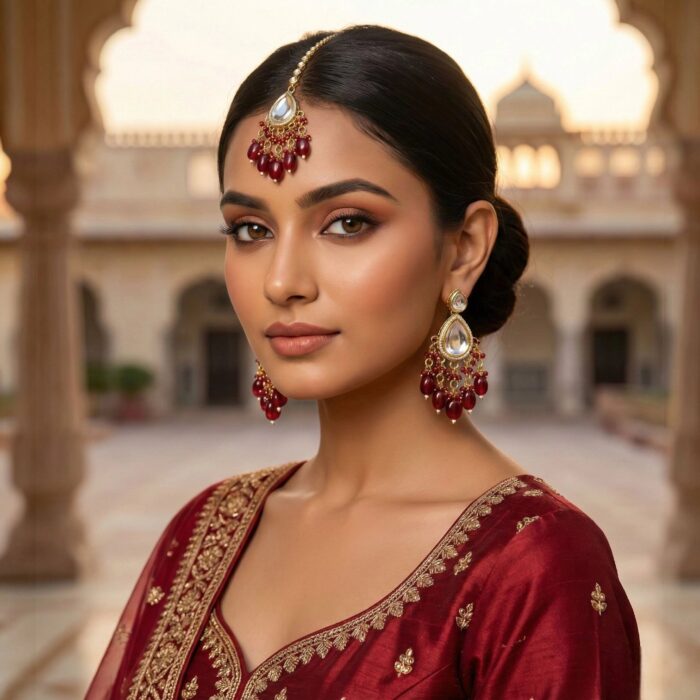 Maang Tikka Earrings Set | Kundan Stone Work | Gold Plated Jewelry | Red - Image 5