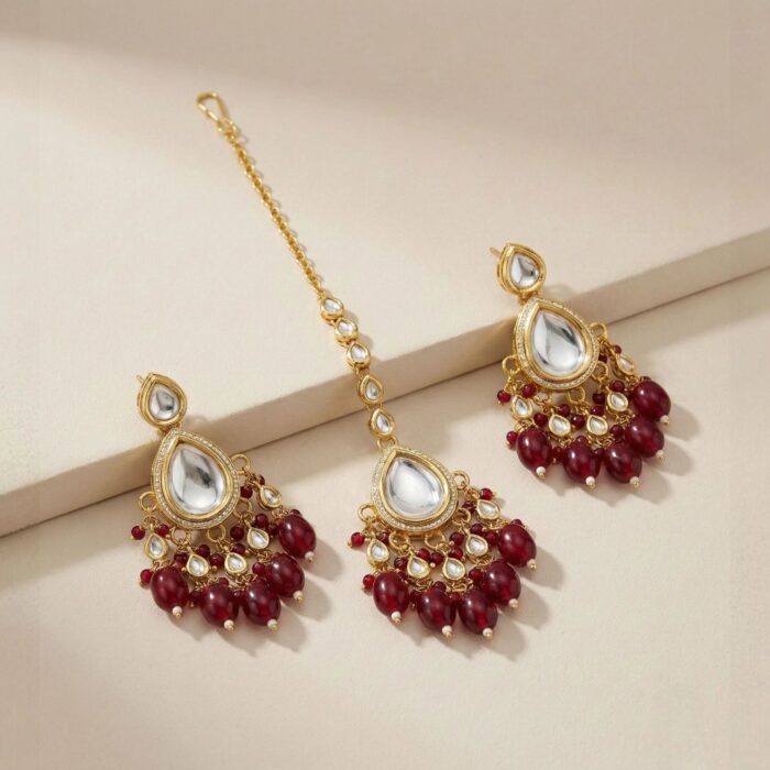Maang Tikka Earrings Set | Kundan Stone Work | Gold Plated Jewelry | Red - Image 2
