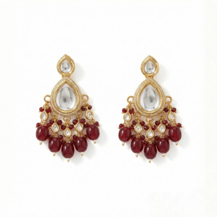 Maang Tikka Earrings Set | Kundan Stone Work | Gold Plated Jewelry | Red - Image 3