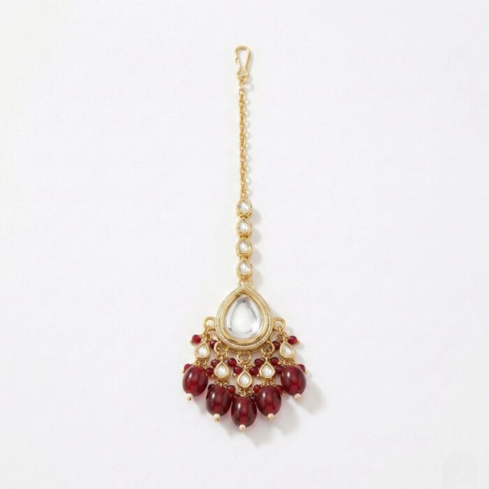 Maang Tikka Earrings Set | Kundan Stone Work | Gold Plated Jewelry | Red - Image 4