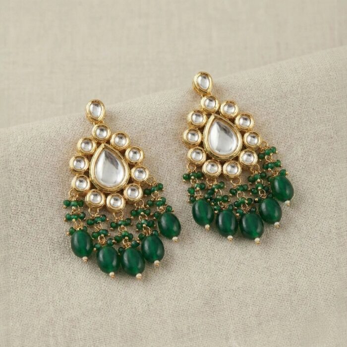 Maang Tikka Earrings Set | Kundan Stone Work | Gold Plated Jewelry | Green - Image 3