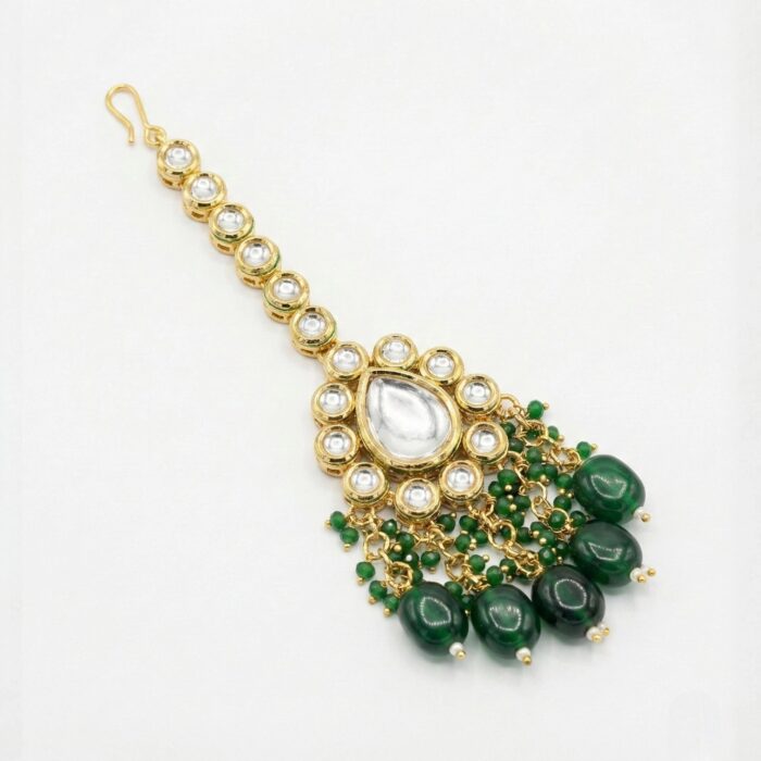 Maang Tikka Earrings Set | Kundan Stone Work | Gold Plated Jewelry | Green - Image 4