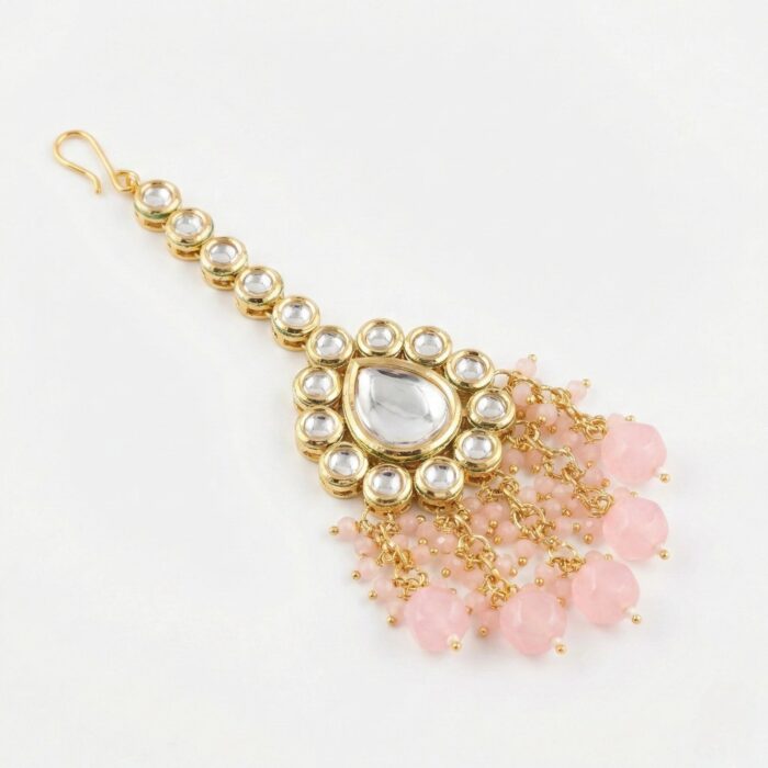 Maang Tikka Earrings Set | Kundan Stone Work | Gold Plated Jewelry | Pink - Image 2