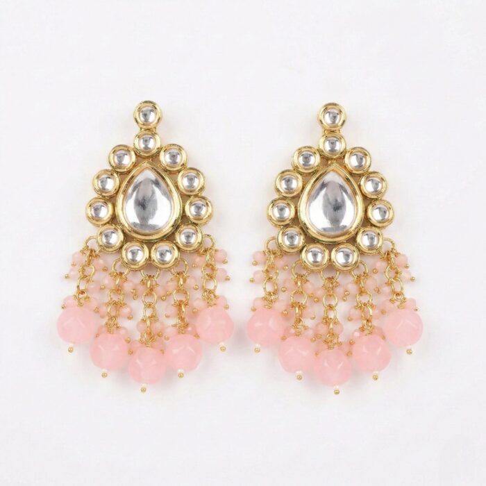 Maang Tikka Earrings Set | Kundan Stone Work | Gold Plated Jewelry | Pink - Image 3