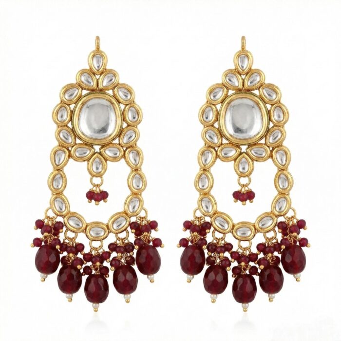 Maang Tikka Earrings Set | Kundan Stone Work | Gold Plated Jewelry | Red - Image 4