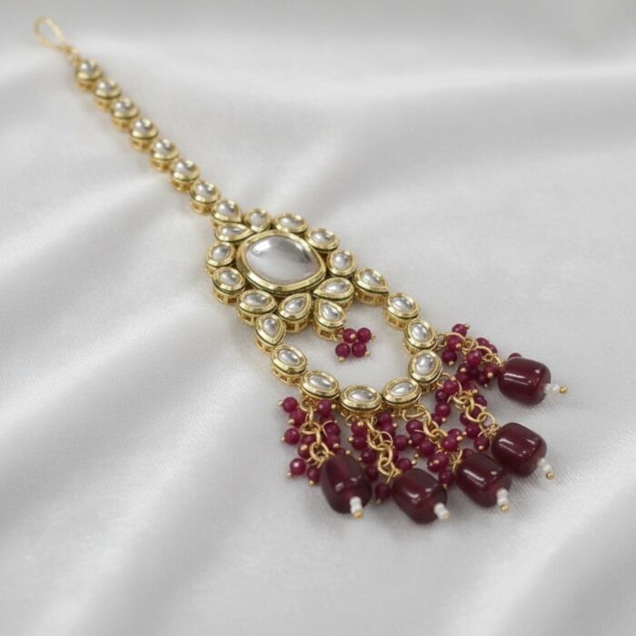 Maang Tikka Earrings Set | Kundan Stone Work | Gold Plated Jewelry | Red - Image 5