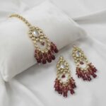 Maang Tikka Earrings Set | Kundan Stone Work | Gold Plated Jewelry | Red - Image 2