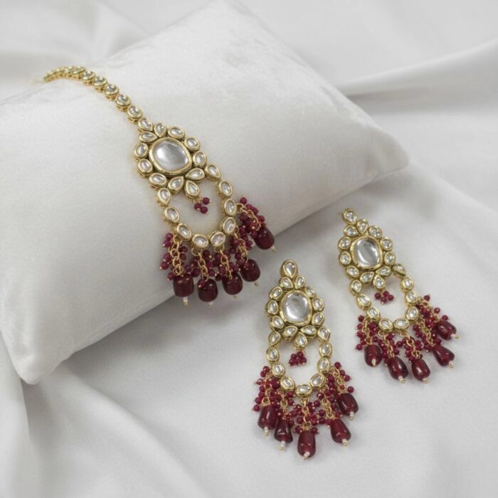 Maang Tikka Earrings Set | Kundan Stone Work | Gold Plated Jewelry | Red - Image 2
