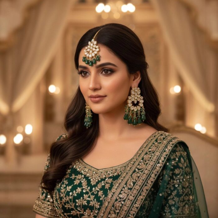 Maang Tikka Earrings Set | Kundan Stone Work | Gold Plated Jewelry | Green - Image 6