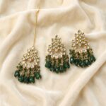 Maang Tikka Earrings Set | Kundan Stone Work | Gold Plated Jewelry | Green - Image 2