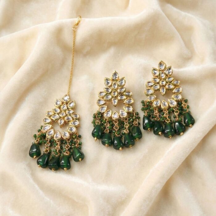 Maang Tikka Earrings Set | Kundan Stone Work | Gold Plated Jewelry | Green - Image 2