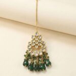 Maang Tikka Earrings Set | Kundan Stone Work | Gold Plated Jewelry | Green - Image 3