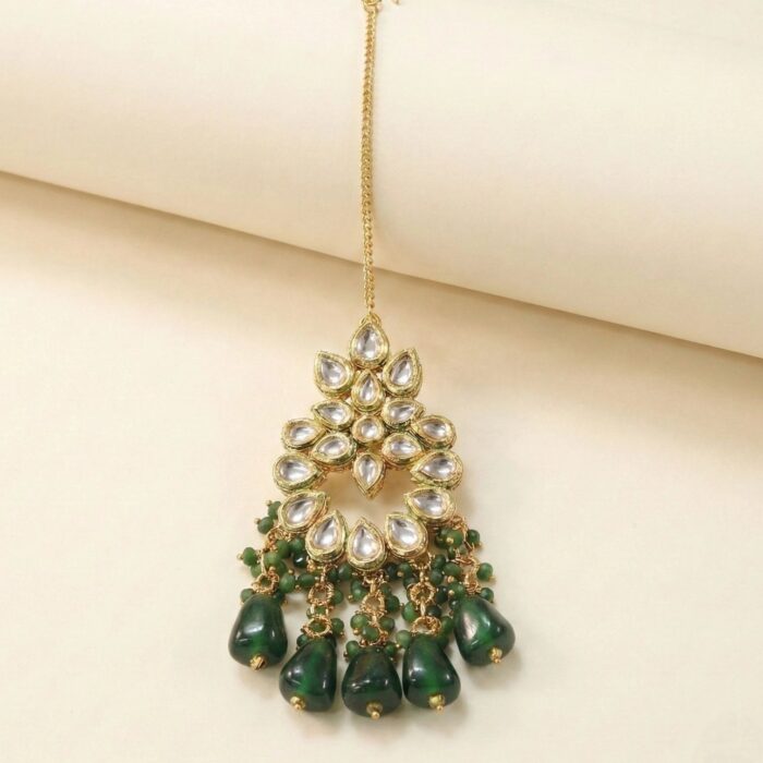 Maang Tikka Earrings Set | Kundan Stone Work | Gold Plated Jewelry | Green - Image 3