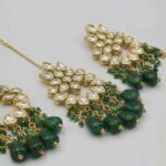 Maang Tikka Earrings Set | Kundan Stone Work | Gold Plated Jewelry | Green - Image 5