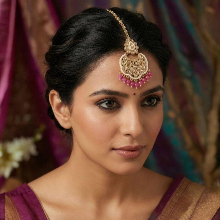 Maang Tikka - Pink | Kundan Stone Work - Image 2