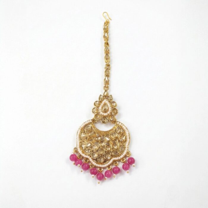 Maang Tikka - Pink | Kundan Stone Work - Image 4