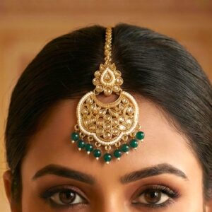 Bottle green Maang Tikka with Kundan Stones | Utsav Series