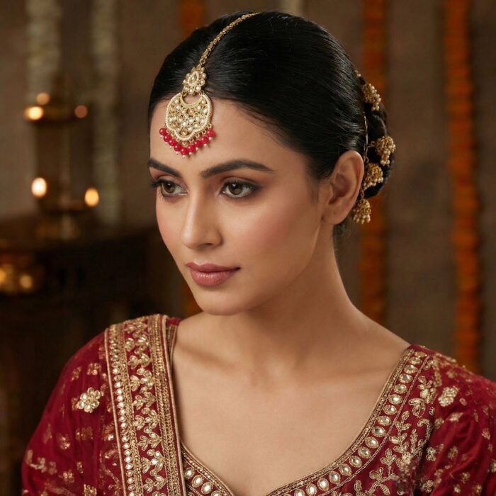 Maang Tikka - Red | Kundan Stone Work - Image 2