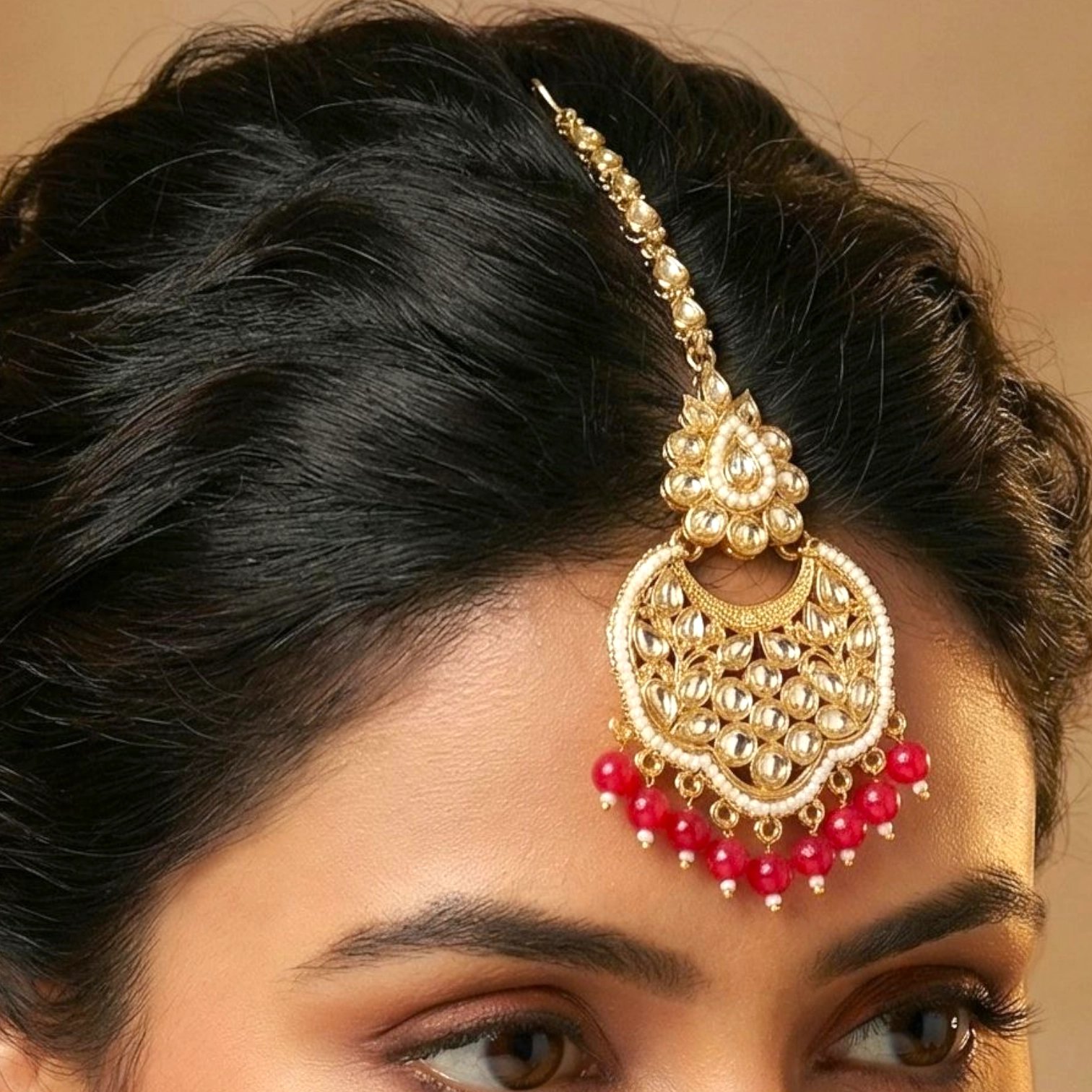 1770240999210.webp Maang Tikka - Red | Kundan Stone Work - Image 1