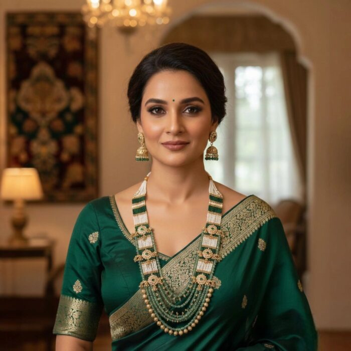 Swarnika Rajshree Maharani Haar with Jhumkis - Green - Image 5