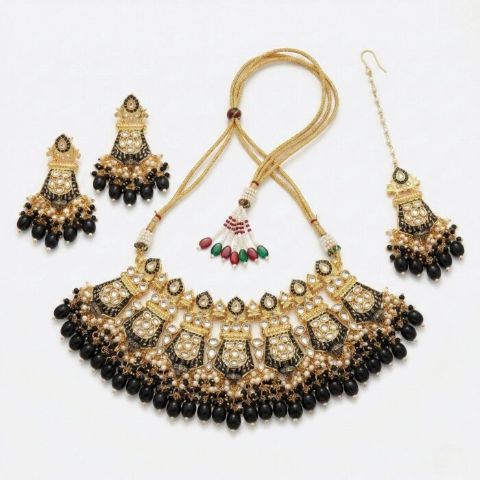 Necklace with earrings | Kundan with Black meena Necklace and Earring Set - Image 6